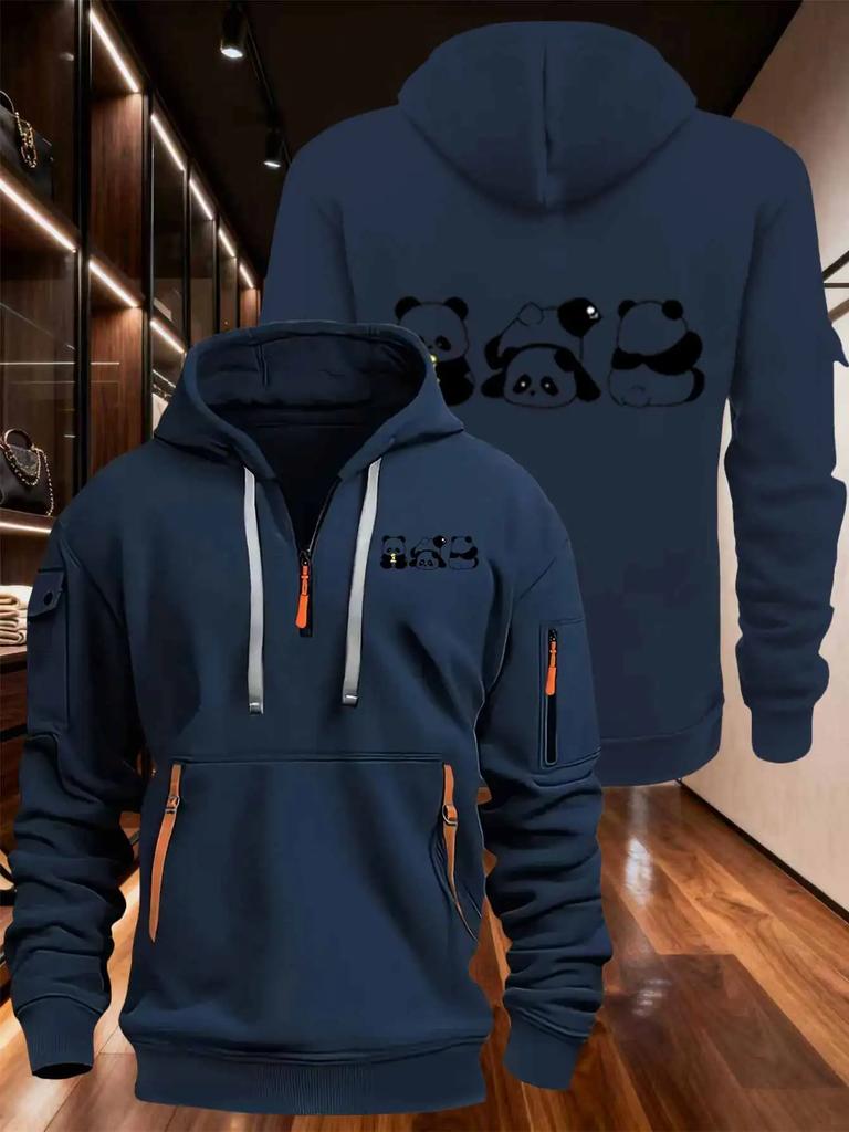 Autumn and winter men's and women's exquisite multi pocket zipper hooded sweatshirt, cute panda pattern, casual and comfortable