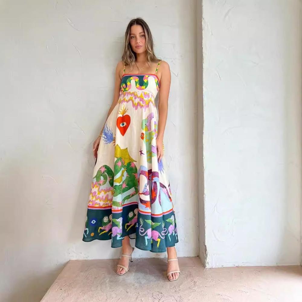 Women's Summer Casual Boho Long Sundress Strap Square Neck Sleeveless Maxi Dresses Flower Printed A Line Beach Dress for Women