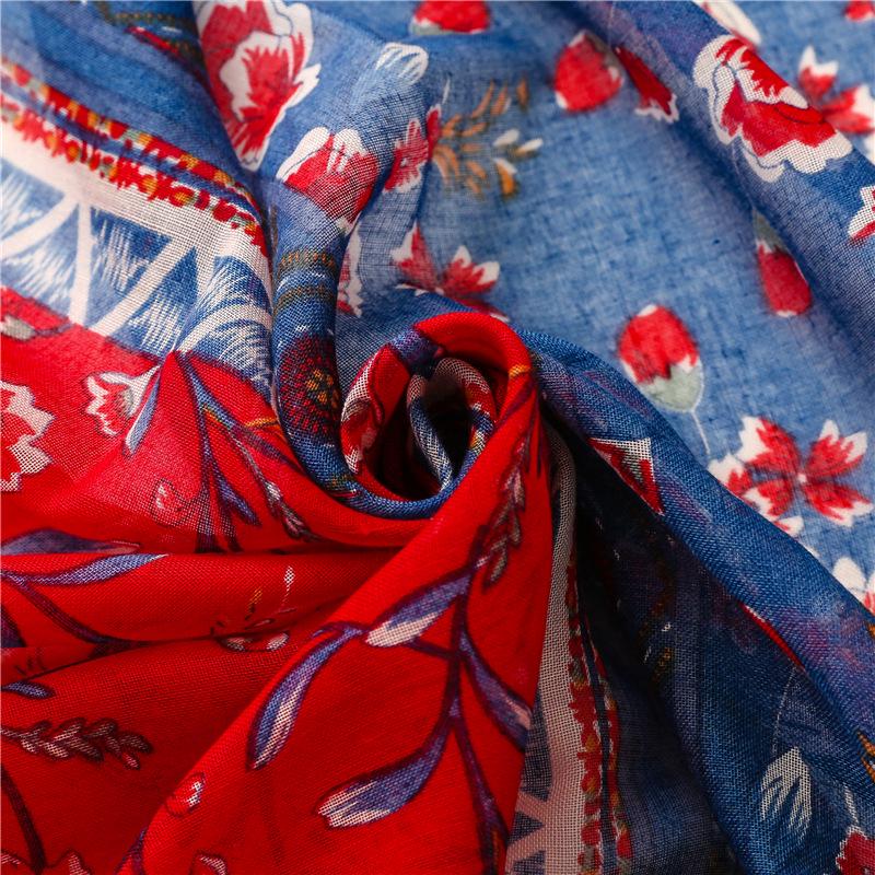 Red & Blue Ethnic Floral Cotton Scarf - Soft Bali Style Shawl for Women