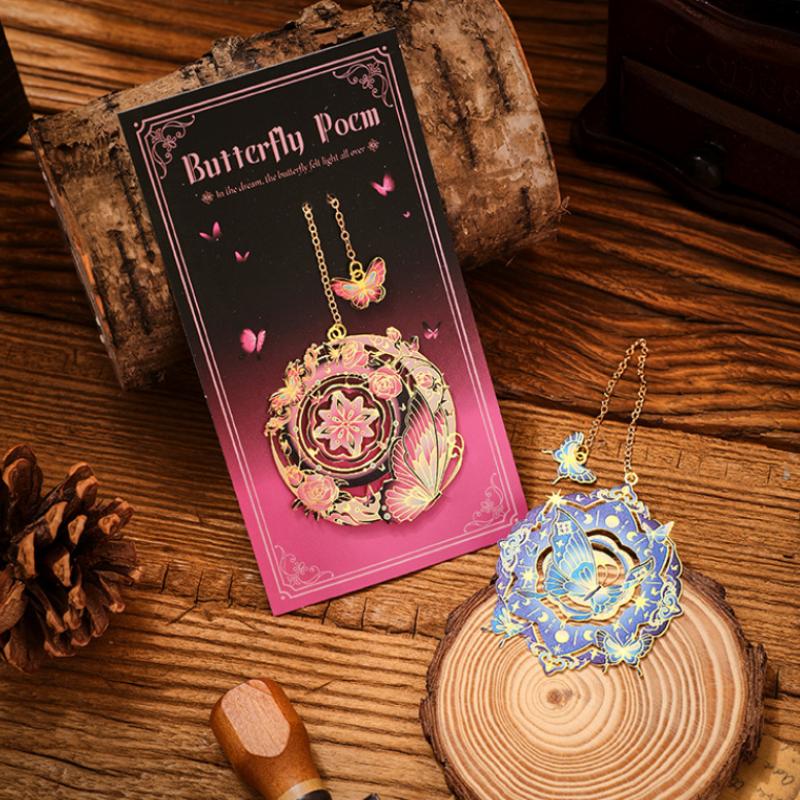 New Bronzing Bookmark With Chain Heart Sun Floral Butterfly Metal Bookmark Reading Book Clip Student School Office Supplies