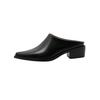 Fashion Kaky's New Pointed Cow Tied Leather Thick Heel Medium Heel Large Women's Slippers, Wrapped Half Slippers, Muller Shoes
