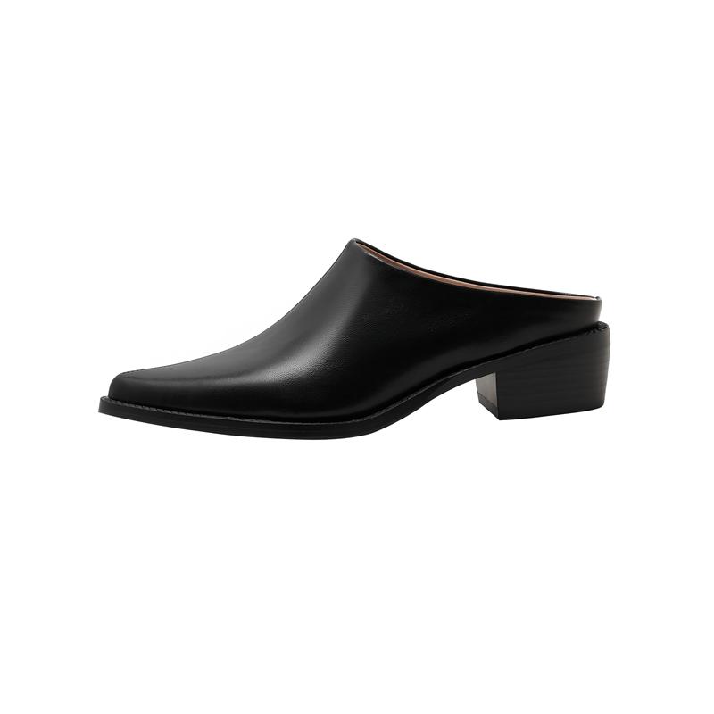 Fashion Kaky's New Pointed Cow Tied Leather Thick Heel Medium Heel Large Women's Slippers, Wrapped Half Slippers, Muller Shoes