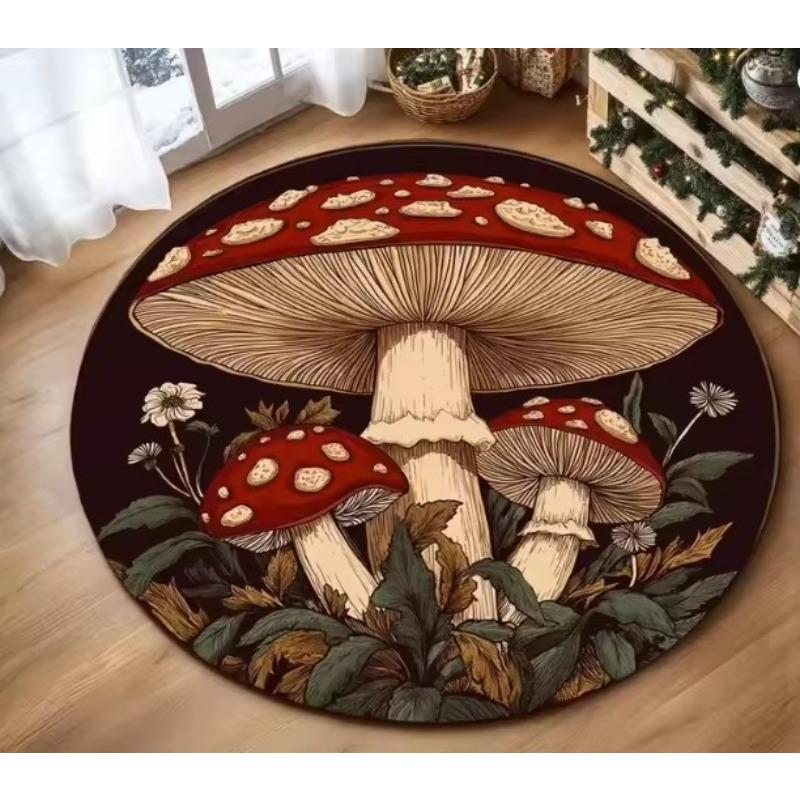 Round Black Carpet Dreamy Colored Mushroom Pattern Rug Living Room Bedroom Anti Slip Dirt Resistant Floor Mat Home Decoration
