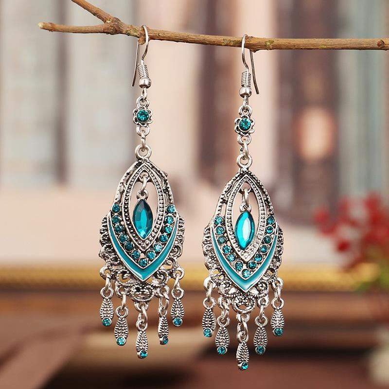 Bohemian Ethnisch Lang Blau Acryl Kristall Wassertropfen Ohrringe für Damen Retro Temperament Geometrisch Hängende Ohrringe Schmuck