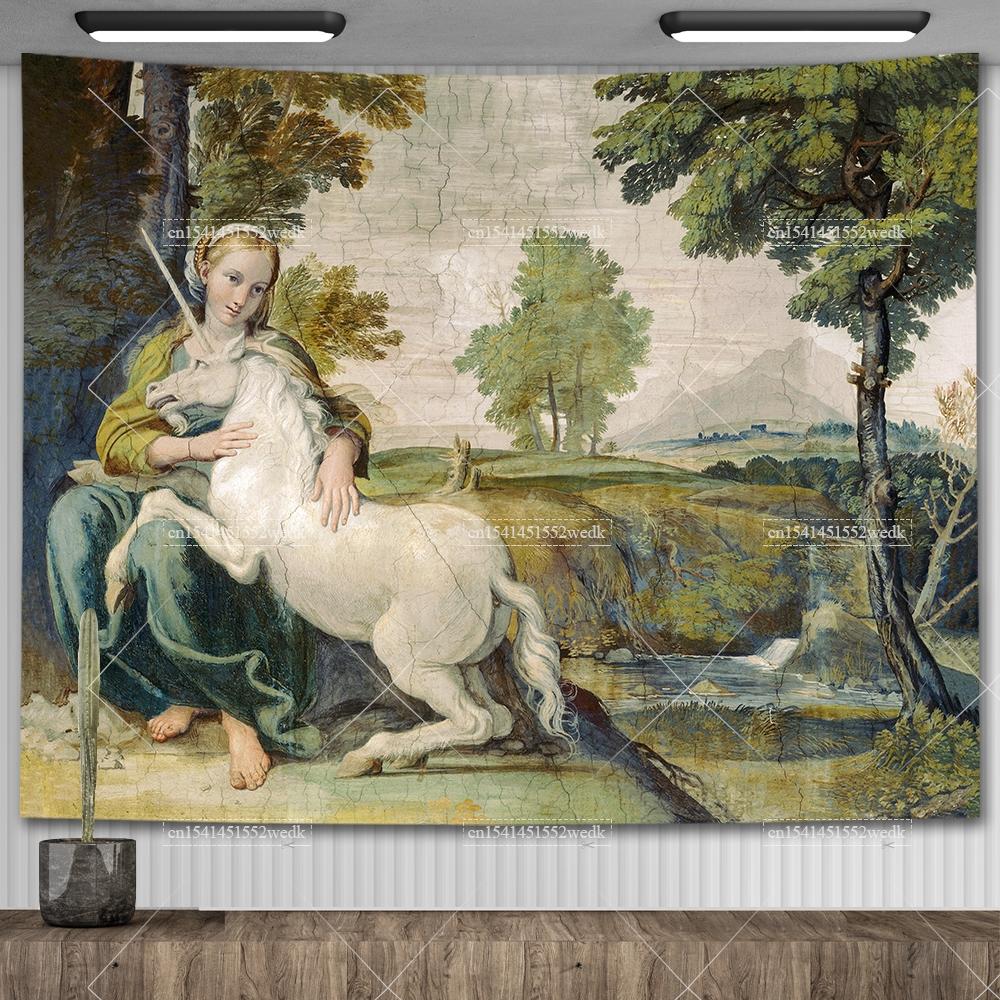 Гобелен «Леди и единорог» Средневековый гобелен Настенный гобелен Печатный домашний декор Гобелены Фоновое покрытие для комнаты Для кровати 29x37in 74x94cm