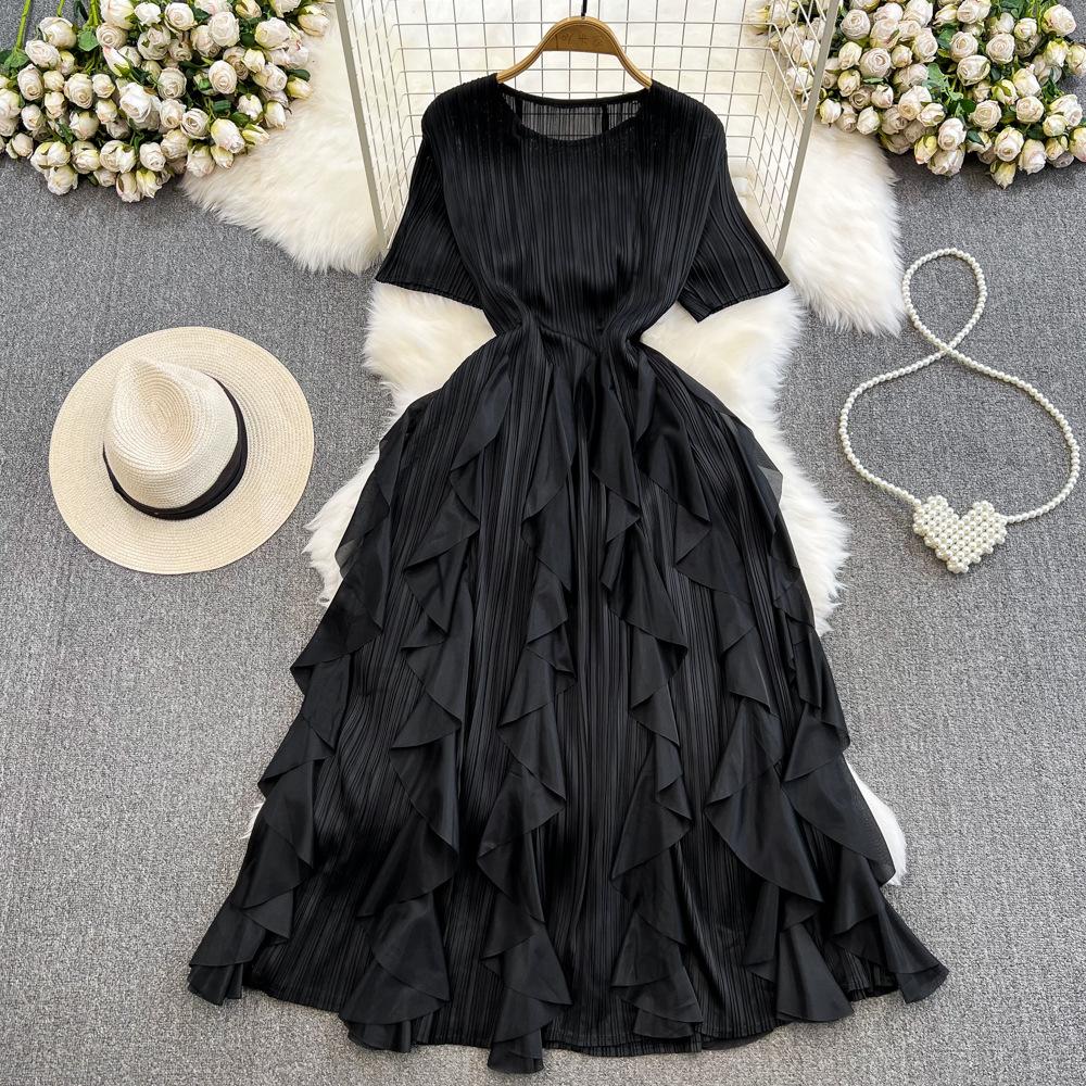 Gentle wind fairy long dress celebrity temperament Miyake pleated round neck waist thin a word ruffle edge dress summer