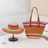 Woven Sun Hat And Large Capacity Straw Tote With Striped Pattern For Travel And Casual Wear
