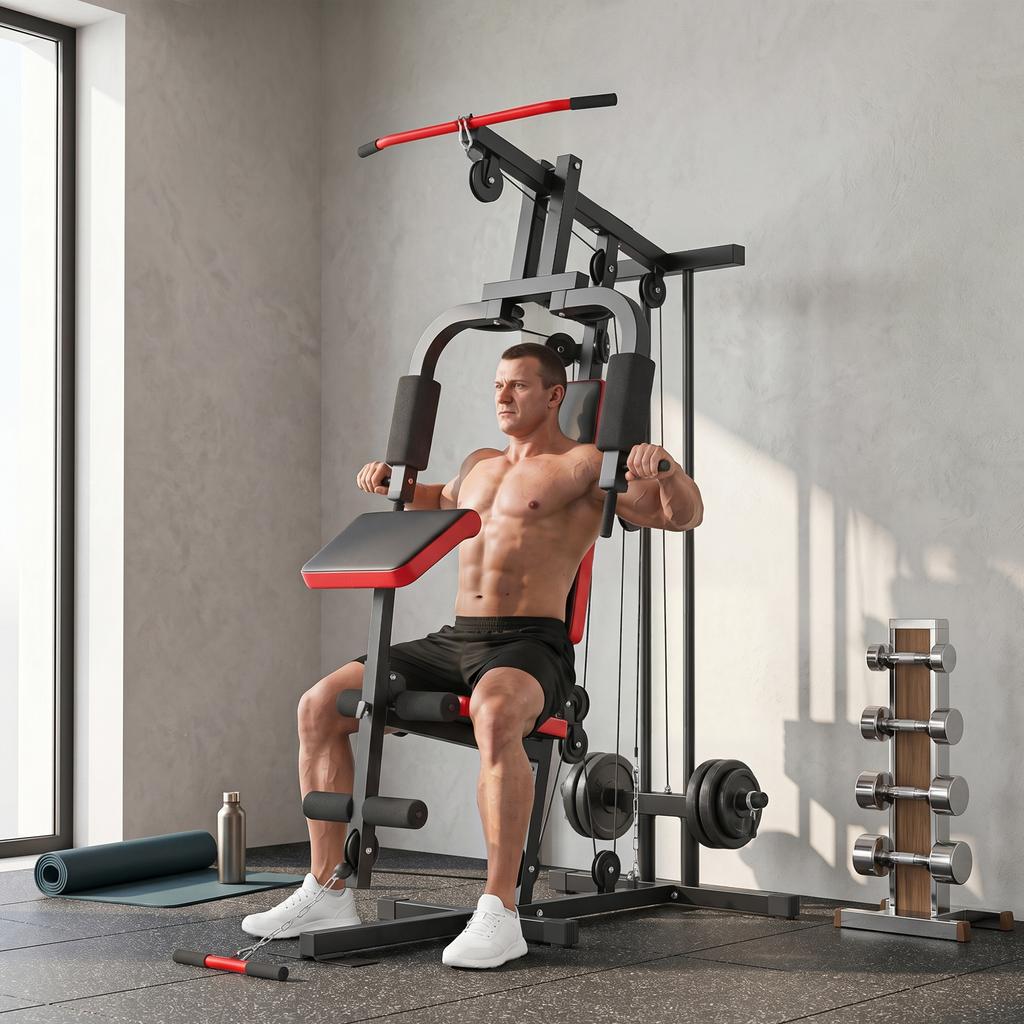 Weight Training Station, Free Weights, Removable Bench, 136 x 107 x 205 cm, Black Red
