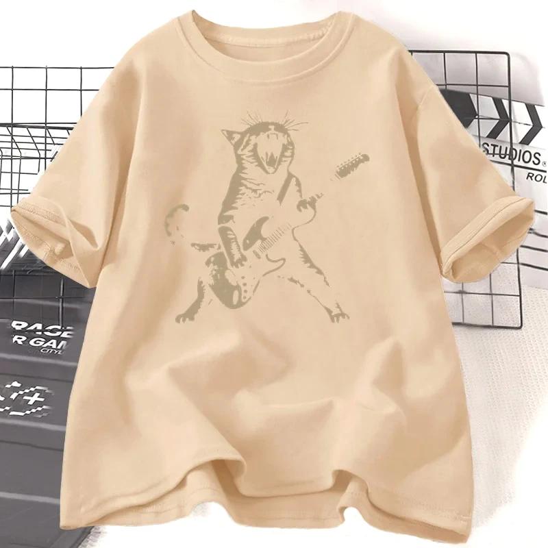 Rock Cat Playing Guitar T Shirt Women Funny Guitar Cat T-Shirt Casual Short Sleeve O Neck T-shirts Streetwear