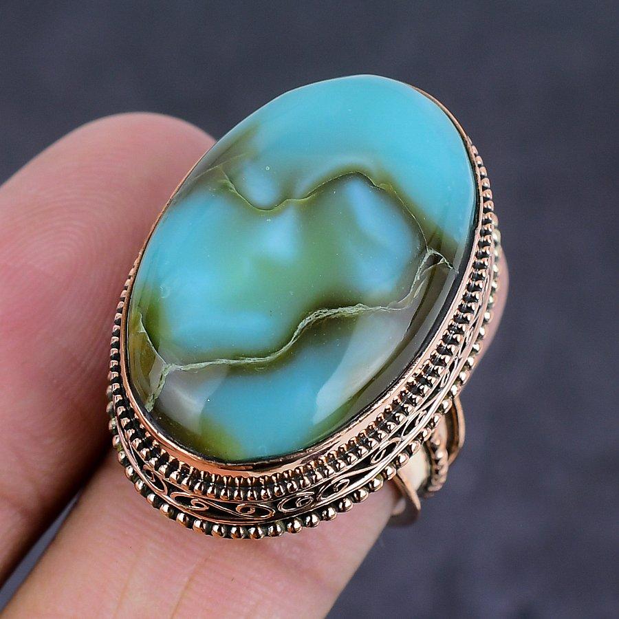 Přírodní peruánský opál drahokam Ručně vyráběný měděný šperk Prsten Velikost 8 O9g62