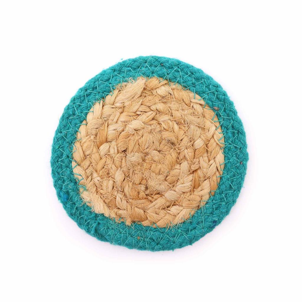 Jute Cotton Coasters Set of 4 Teal Border