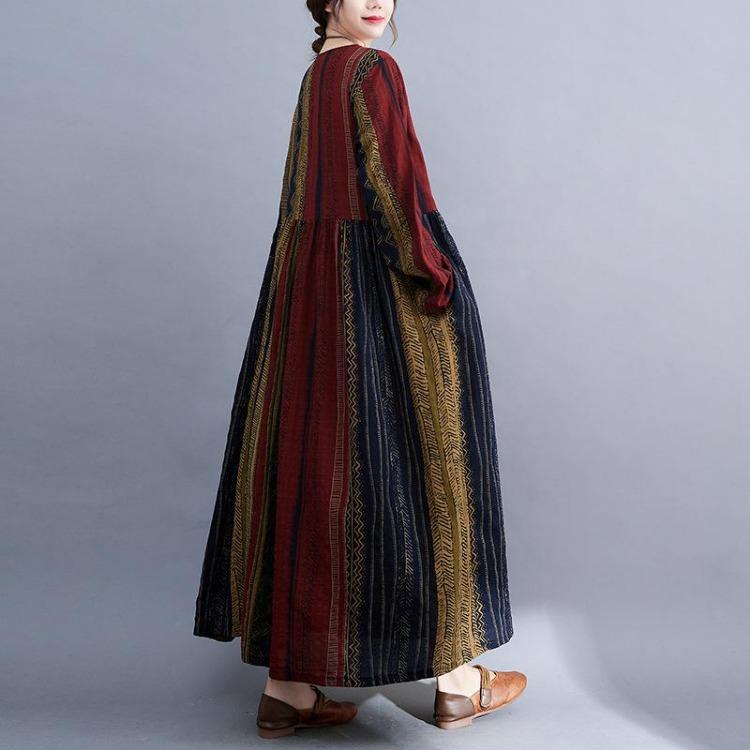 Summer Loose Cotton Linen Plus Size Dress Women Casual Long Short Sleeve Round Neck Printed Dress