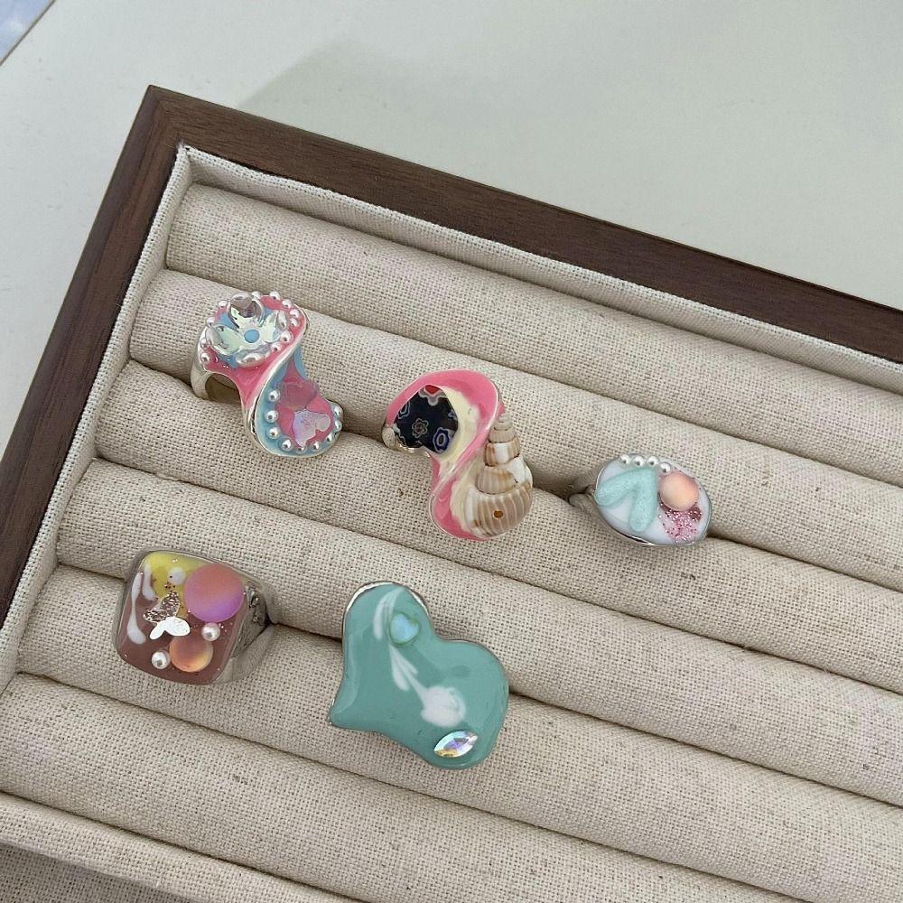 Geometric Enamel Love Heart Ring Open Ring Irregular Enamel Ring Painting Ring  Women