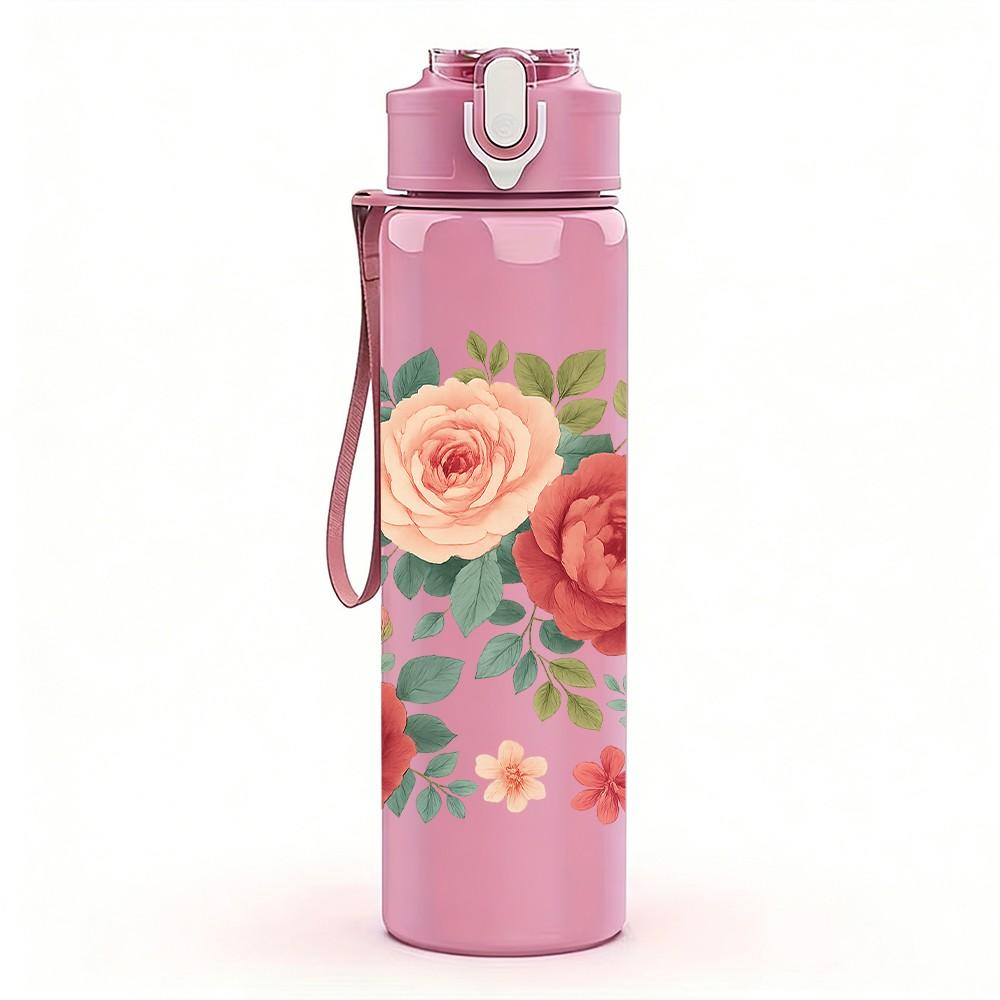 1PC Red Rose Floral Bouquet Art 750ml Color Plastic Sports Water Bottle Leakproof Flip Straw Lid Suitable for Sports Office Home Use