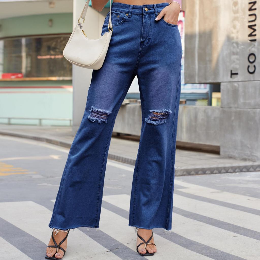 Wide-legged Ripped Flared Jeans For Women