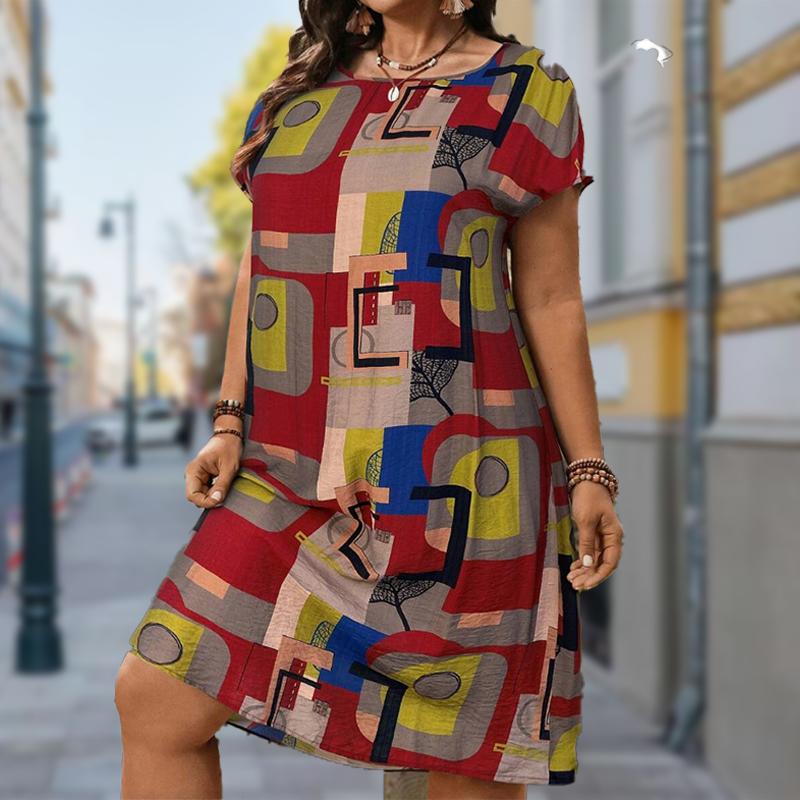 

Женская мода изящный ретро принт лето весна короткий рукав О-образный вырез повседневные платья 5XL красный