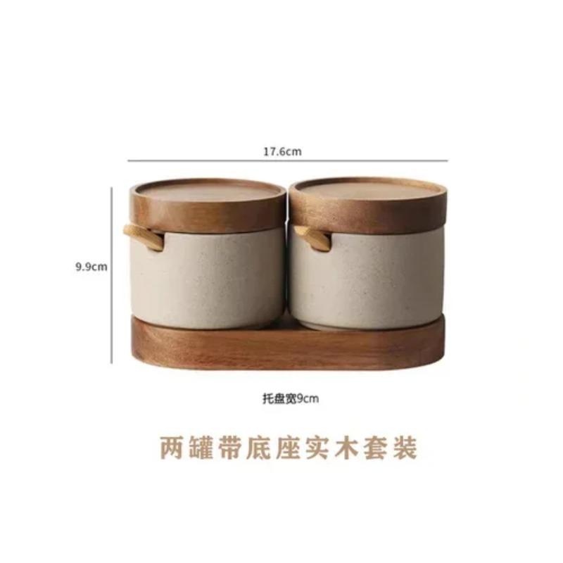 Vintage Ceramic Seasoning Jar Japanese Style Home Kitchen Salt Chili Sugar Jar Oil Pot Wooden Lid Spice Kitchen Utensils Modern