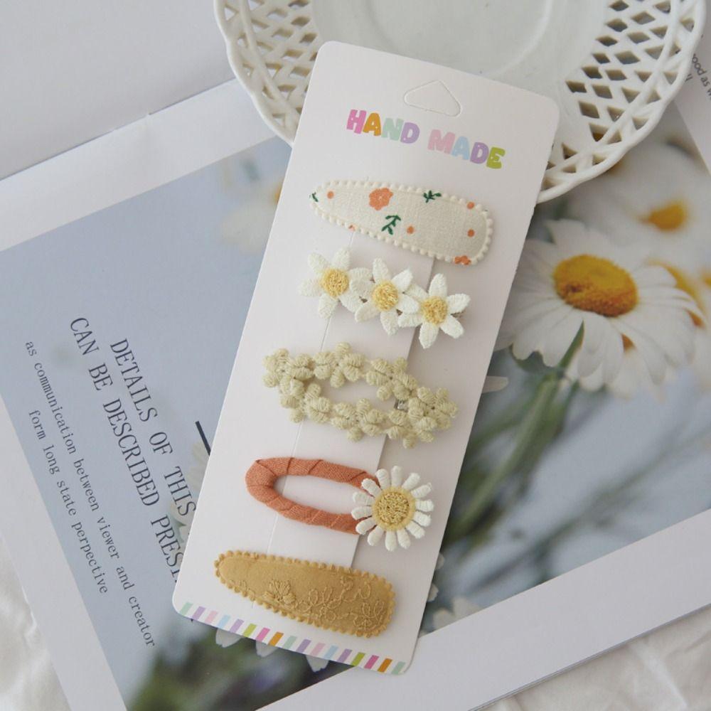 5PCS Cute Girls BB Clips Cotton Sweet Flower Hairpins Embroidered Bangs Hairclips  Hair Accessories