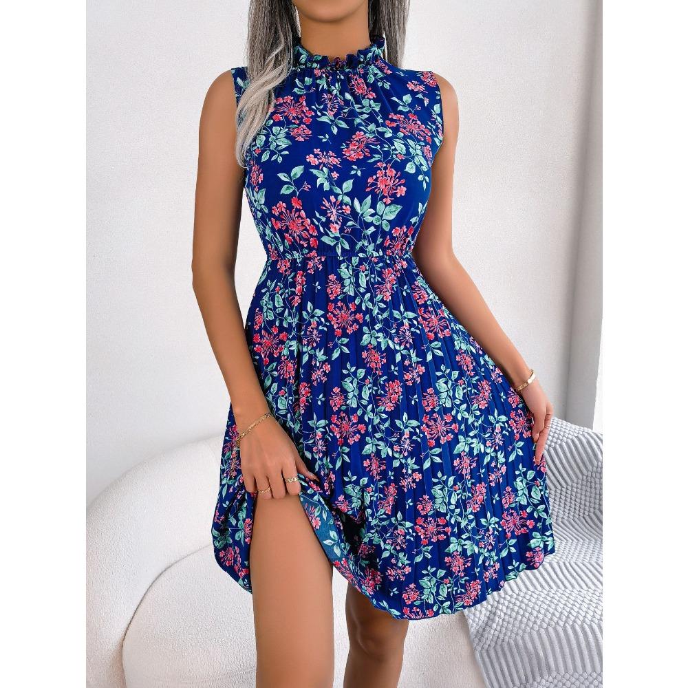 Frühlings- und Sommer-Damen-Temperament Holzohrring Blumen Taillierte Plisseekleider