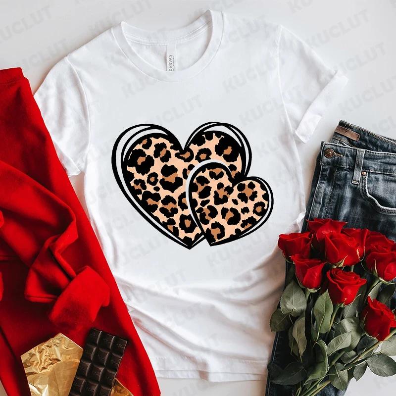 Fashion Unisex Tshirts Leopard Love Heart Print Tops Short Sleeve Clothing Ladies Harajuku Valentines Day Female Clothing