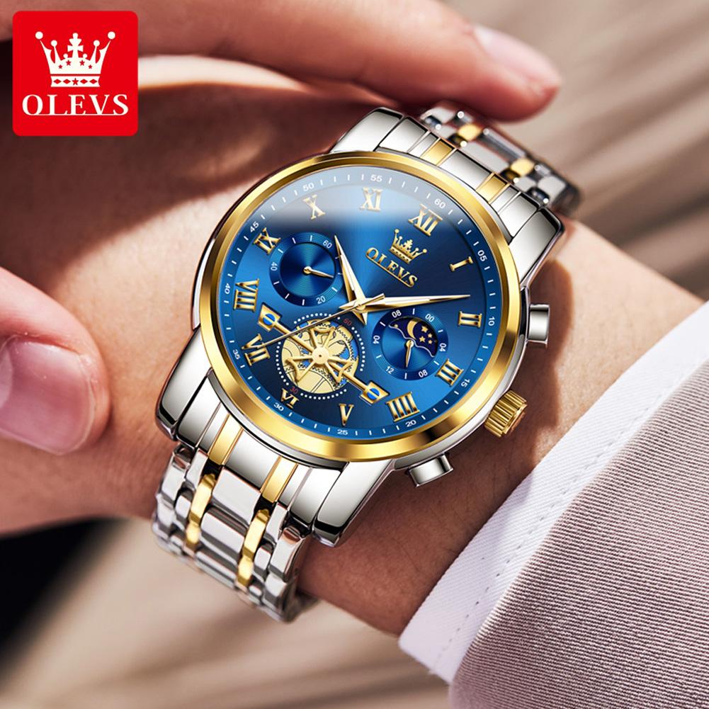 OLEVS Men's Watches Tourbillon Style Trend Fashion Original Quartz Wristwatch Waterpoorf Luminous Chronograph Moon Phase