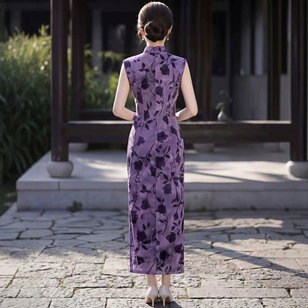 Purple Sleeveless Flocked Cheongsam 1011 New Summer New Chinese Style Improved Young Slim Daily Dress Women