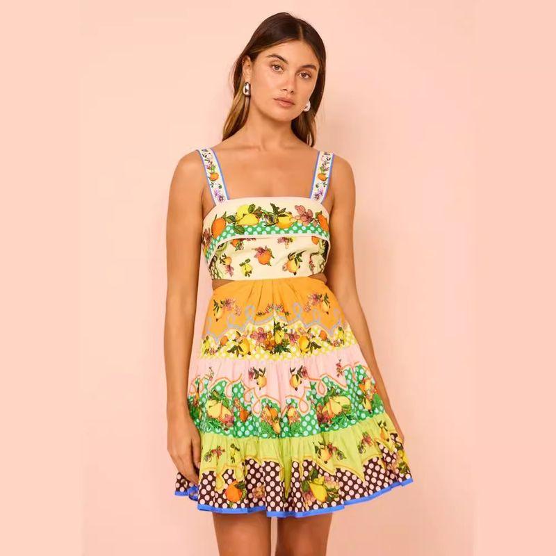 

Europe and America Cross Border 2024 New Casual Fashion Printing Sleeveless Smocking Stitching Tied Dress Flower color S