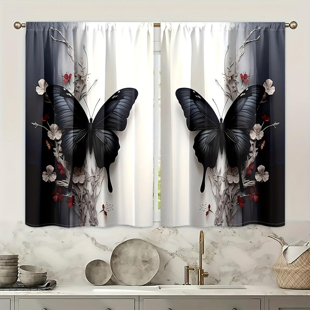 2Pcs Black Butterfly & Floral Print Curtains - Semi-Transparent Polyester, Rod Pocket Style, Soft Light Filtering For Living Roo