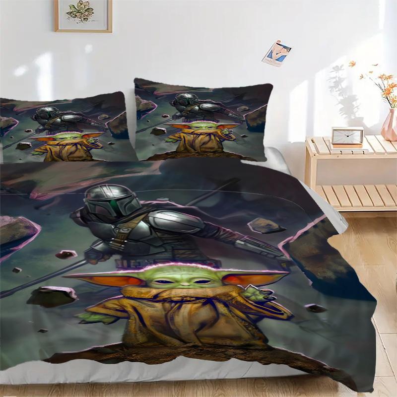Baby Yoda Mandalorian Print 3-teiliges Bettwäsche-Set Bettbezug mit 2 Kissenbezügen Heim-Geburtstagsgeschenk