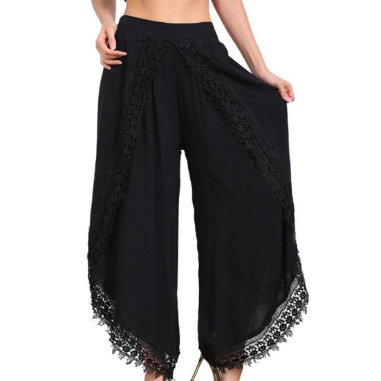 High Waist Wide Leg Pants Nine Length Solid Color Women Casual Trousers With Lace Trim Women Clothing