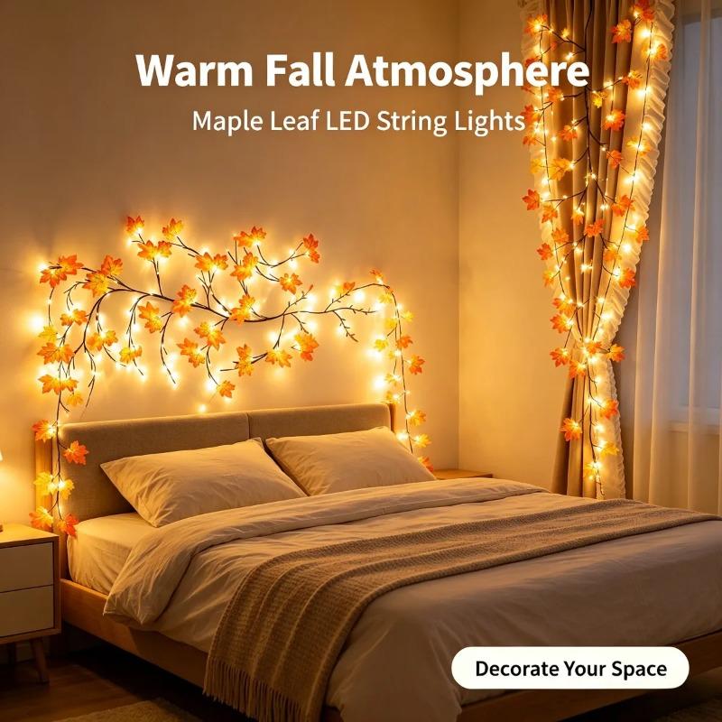 Fall Maple Leaf Vine Lights 48 Warm White USB Bendable Artificial Autumn Garland For Wall Bedroom Thanksgiving Home Decor