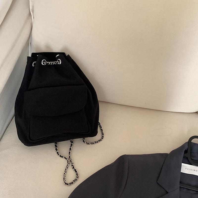 New Simple Silk Cloth Black Chain Bucket Bag Korean Version Drawstring Tie Large Capacity Backpack