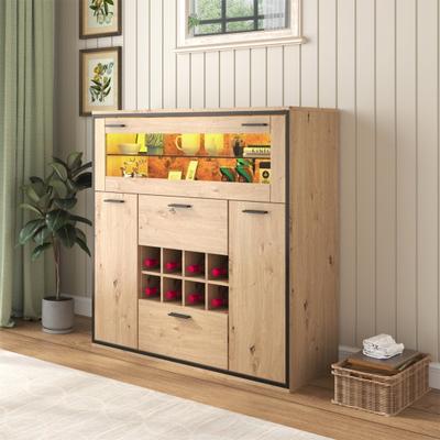 Geräumiges Sideboard mit Arbeitsplatte, Doppeltüren, 2 Schubladen, Glasregal, Flaschenhalter, Spanplatte, Weinbar-Aufbewahrung