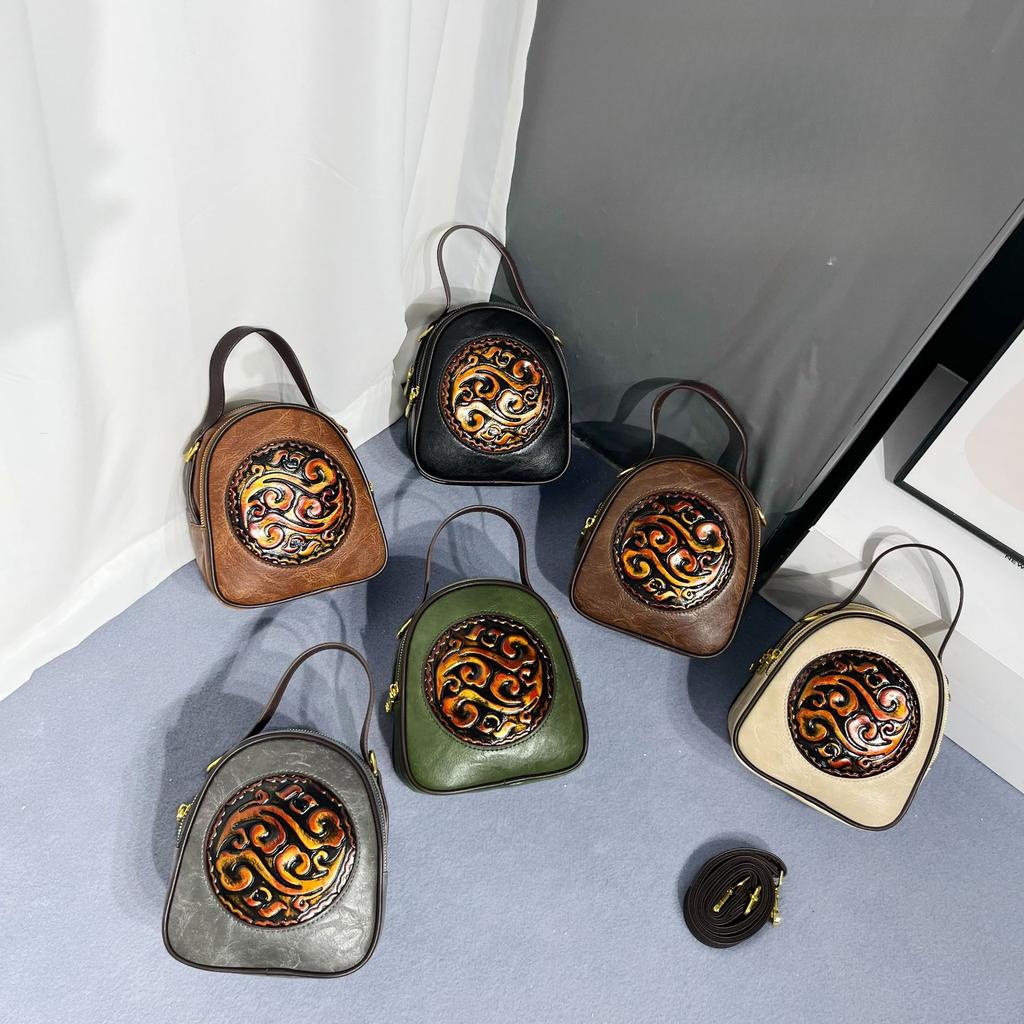 Ethnic Vintage Round Crossbody - Hand Embossed Ladies Shoulder Bag Minimalist Texture Commuter Large Capacity Handbag