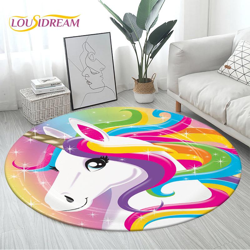 3D Cartoon Cute Unicorn Area Rug Large,Round Carpet Rug for Living Room Bedroom Sofa Decoration,Children Play Non-slip Floor Mat