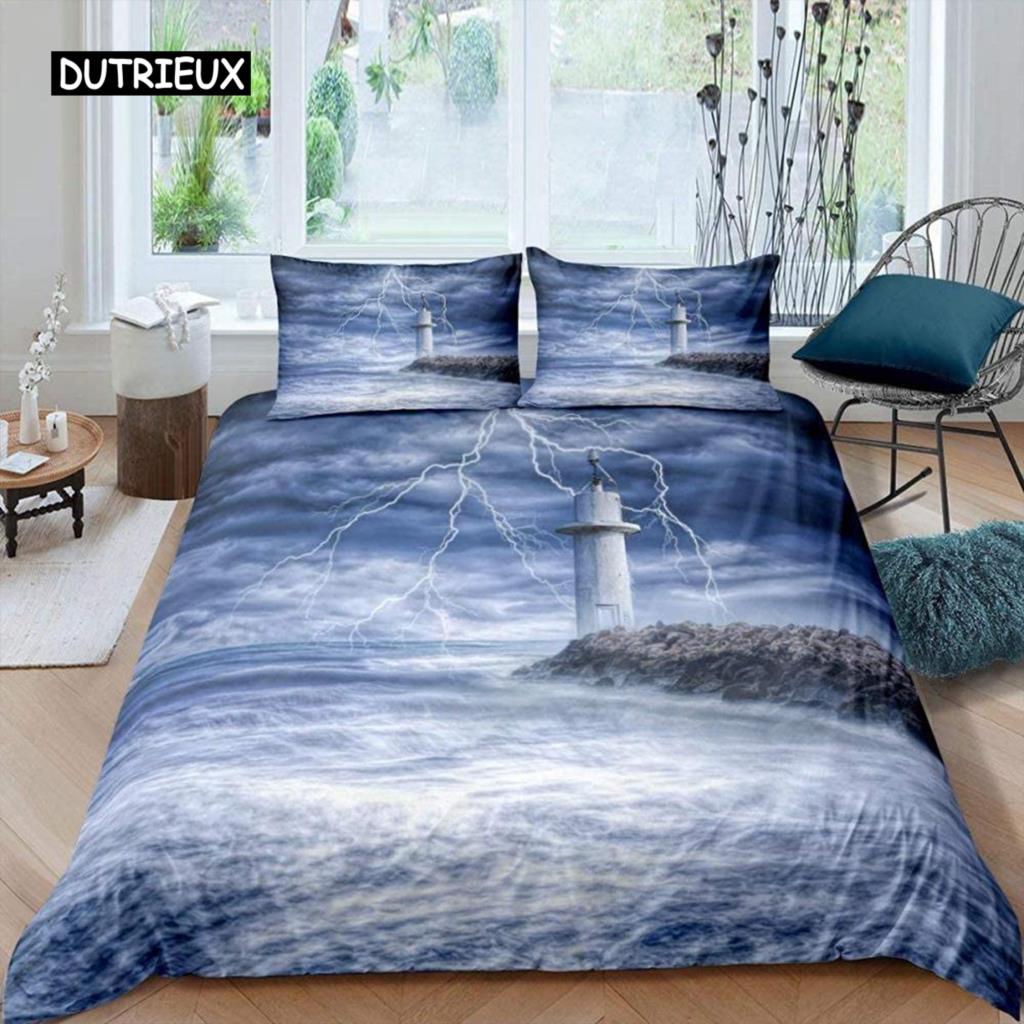 Lighthouse Duvet Cover Set Nautical Surfing Ocean Wave Bedding Set Queen Polyester Coastal Nature Theme Quilt Cover for Kids Boy