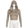 Women's Hooded Crop Tops Autumn Solid Color Long Sleeve Cowl Neck Slim Fit Short T-Shirt Streetwear Sporty Basics Tees