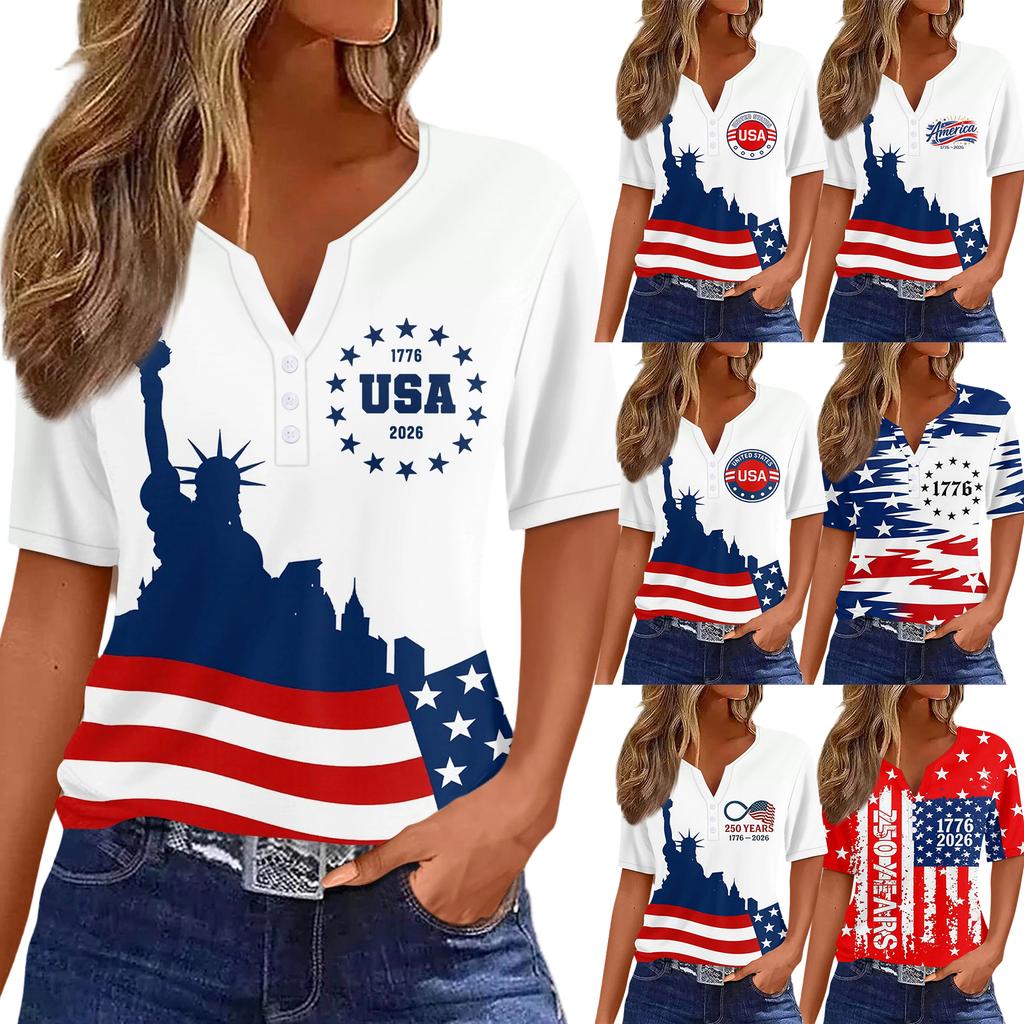 Damen-T-Shirt mit Aufdruck „Unabhängigkeitstag“ und Knopfleiste, kurzärmelig, für den Alltag und das Wochenende, modisch, Basic, V-Ausschnitt, normales Oberteil