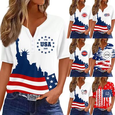 Tricou de damă Imprimeu Ziua Independenței Nasturi Mânecă scurtă Zilnic Weekend Modă De bază Gât în V Obișnuit Top