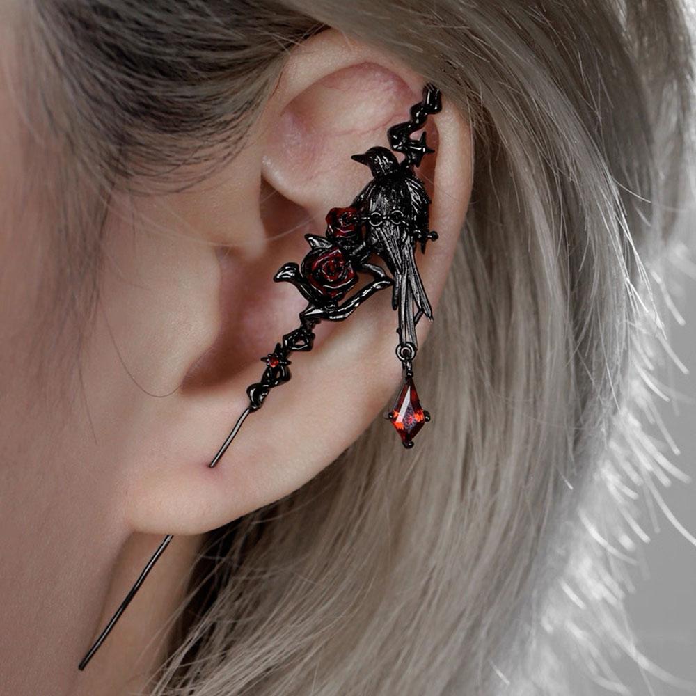 Dark Red Rose Crow Earrings Gothic Earring for Girl Irregular Black Bird Cross Star Ear Needle Jewellry
