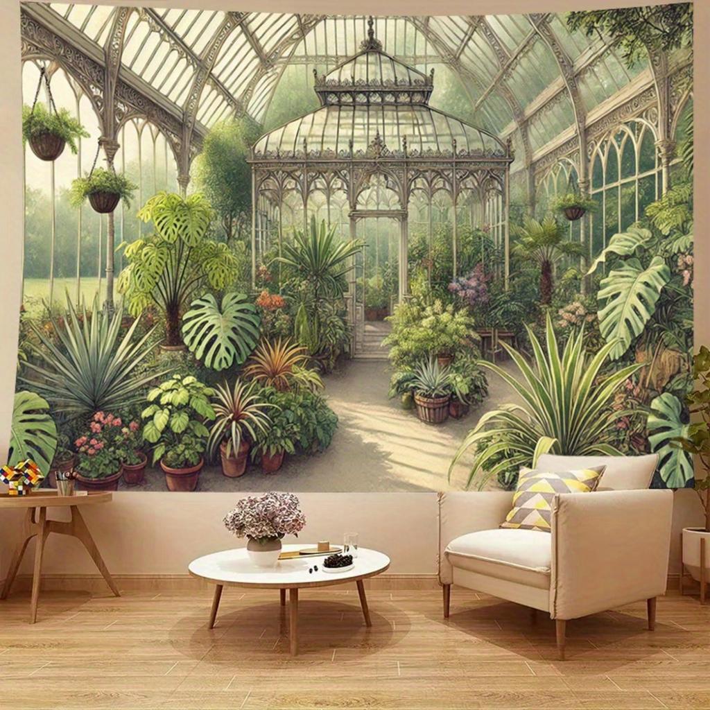 Serre de Jardin Botanique Vintage Tapisserie Plantes Luxuriantes Serre Murale Décor Amoureux de la Nature Fond de Canapé Salon
