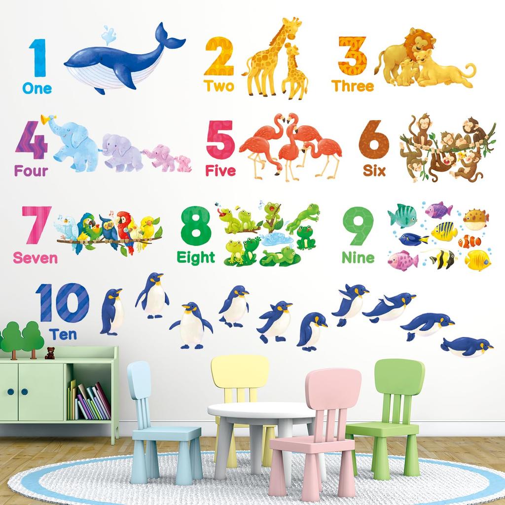 DECOWALL Numbers and Animals Wall Stickers Decorative Wall Art for DIY Wall Transfer Stickers for Room Living Kitchen DS12-8076 - Kindergarten,