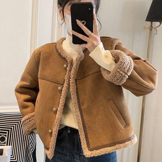 Women s Winter 2025 Korean Style Short Coat with Fur and Thick Lamb Wool S [40-48kg]