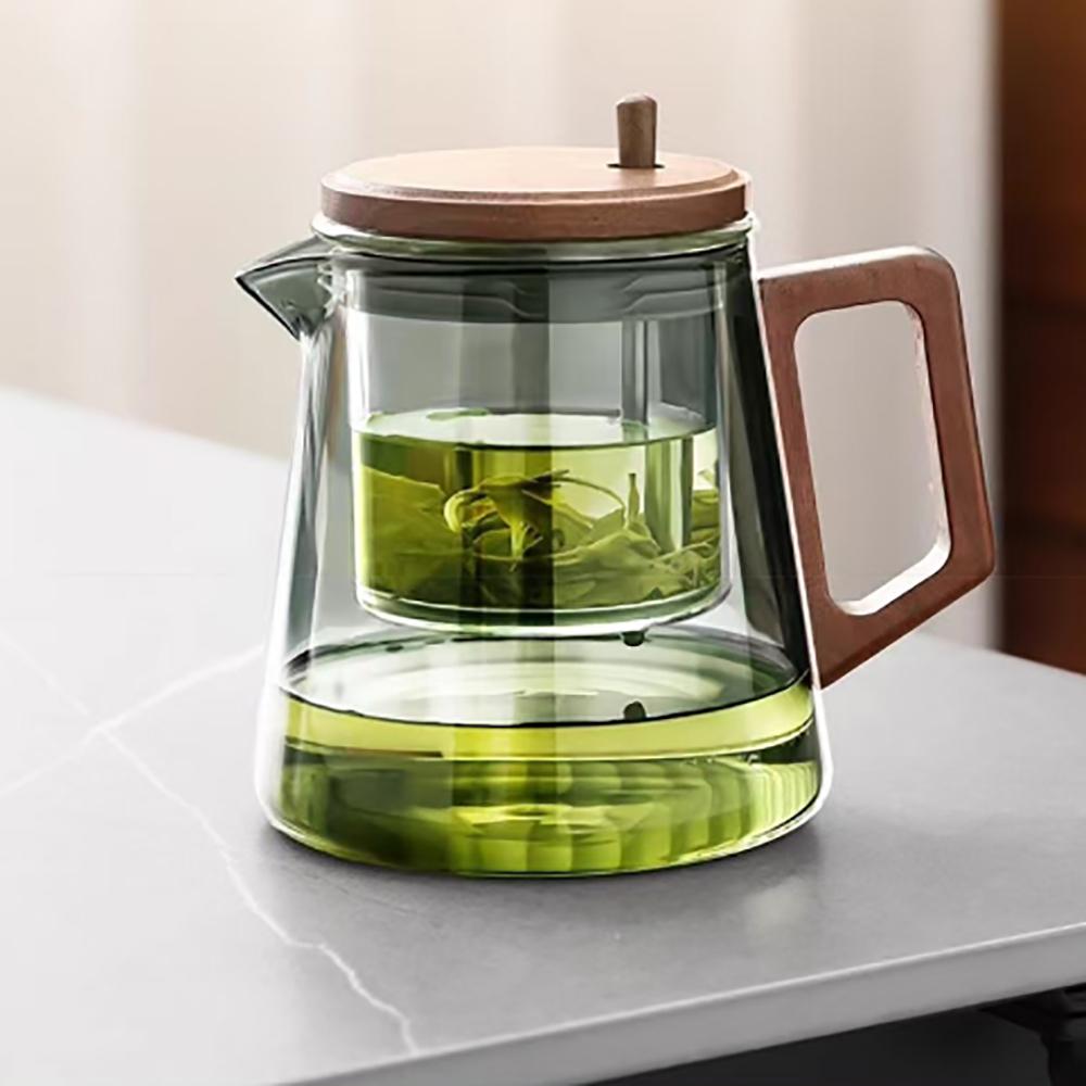 650ML Glass Tea Pot Kettle Infuser One Click Switch Heat-resistant Teapot Water Separation Inner Tea Filtration Wooden Handle