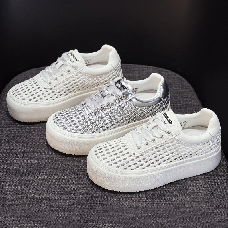 Thick-soled woven little white shoes women's summer new ultra-light height-increasing versatile hollow mesh casual shoes