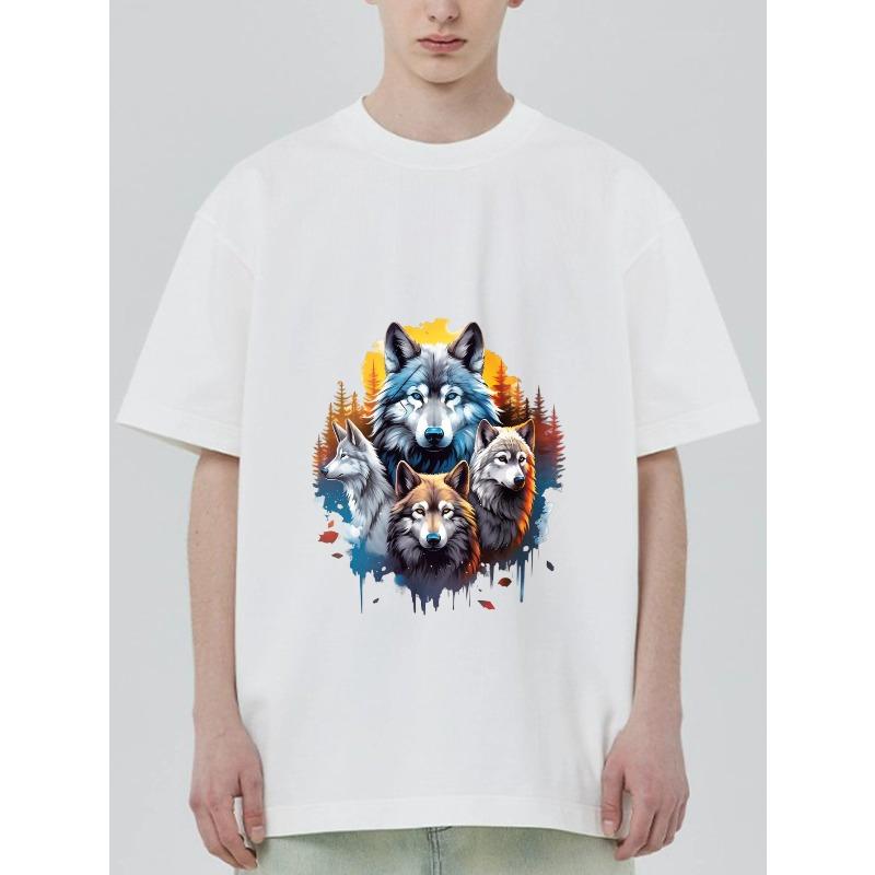 Wolf Print T Shirt Black Four Wolves and Autumn Forest Design for Casual Wear