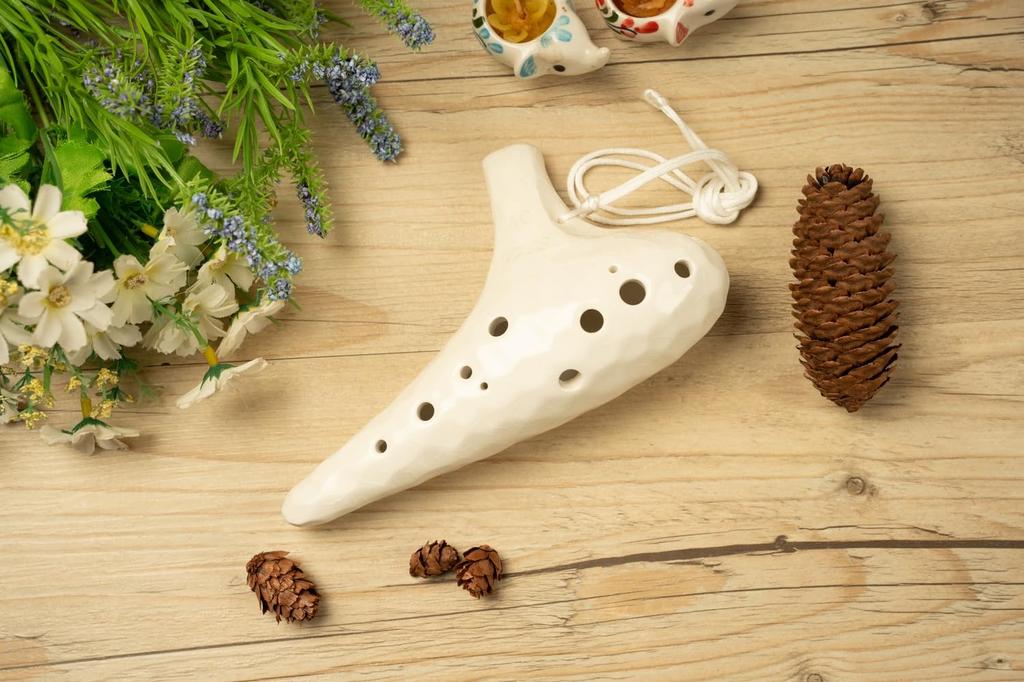 TNG Ocarina [AltoCAC  12-Hole  Emerald] High-Quality Ocarina for Tube Play (Includes Strap) Glazed Finish with Ocean Wave Pattern (White)