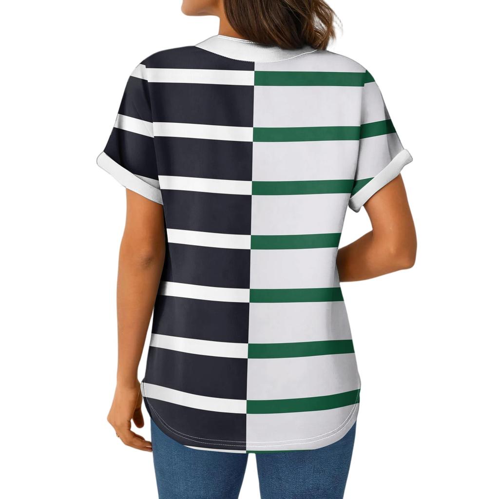 Women's Casual Fashion V-Neck Button Down Stripe Printed Short Sleeve Top