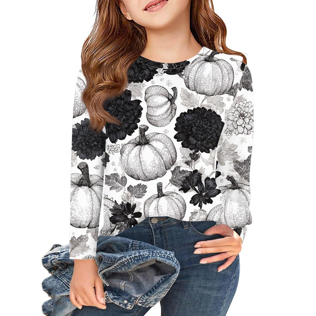 Mädchen Langarm T-Shirts Kinder Herbst Tops Rundhalsausschnitt Halloween Bedruckt Basic Tees 3-9J
