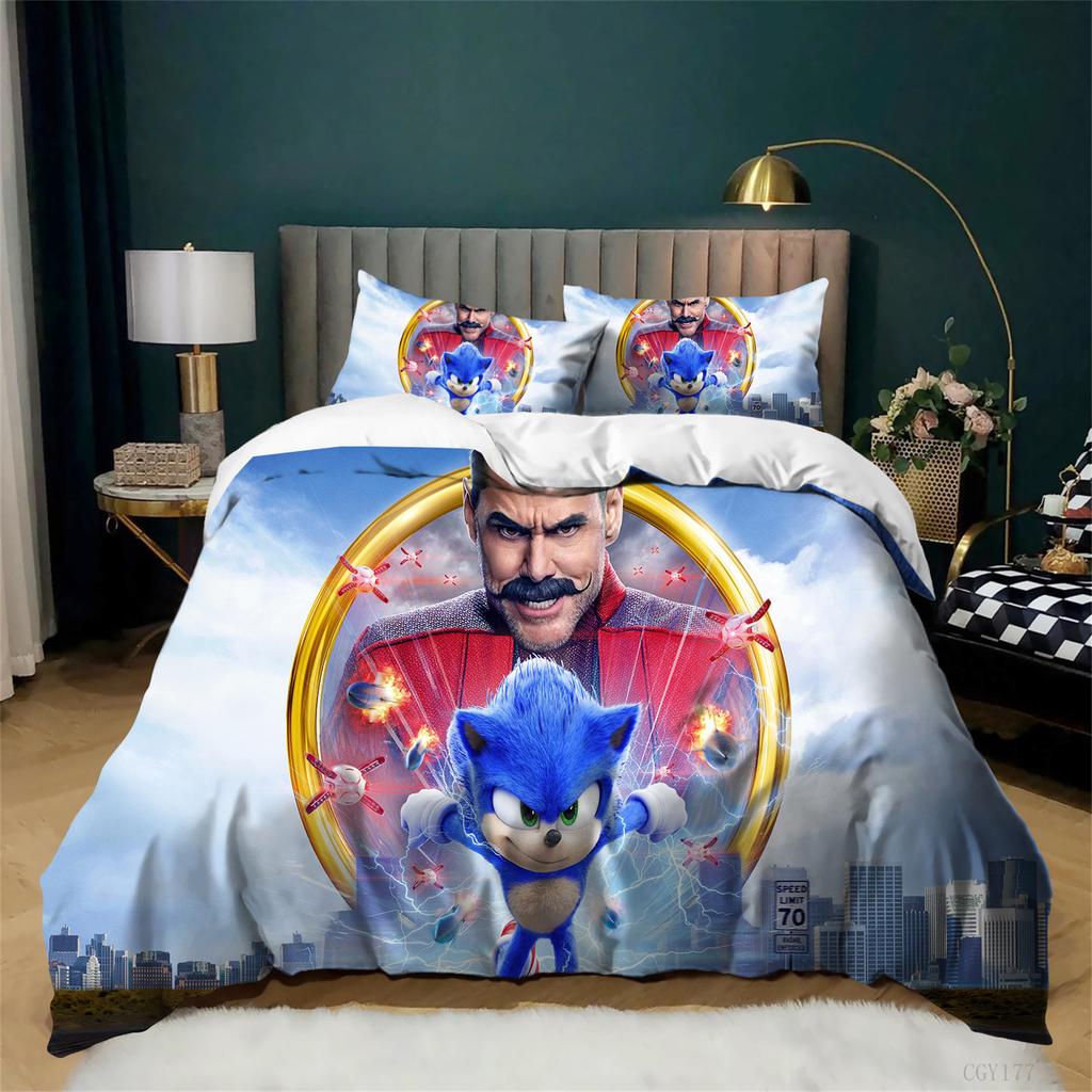 Movie Sonic Duvet Cover Sets 3D Printing Bedding Set 3Pcs Ultra Soft Breathable Cartoon Duvet Cover for Boys Girls